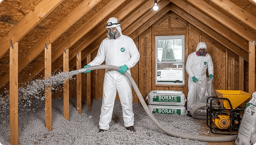 Attic insulation installation using blown-in cellulose by Level Up Insulation Co., an Xcel Energy Registered Trade Partner providing insulation upgrades and rebate processing for Denver, Colorado homeowners.