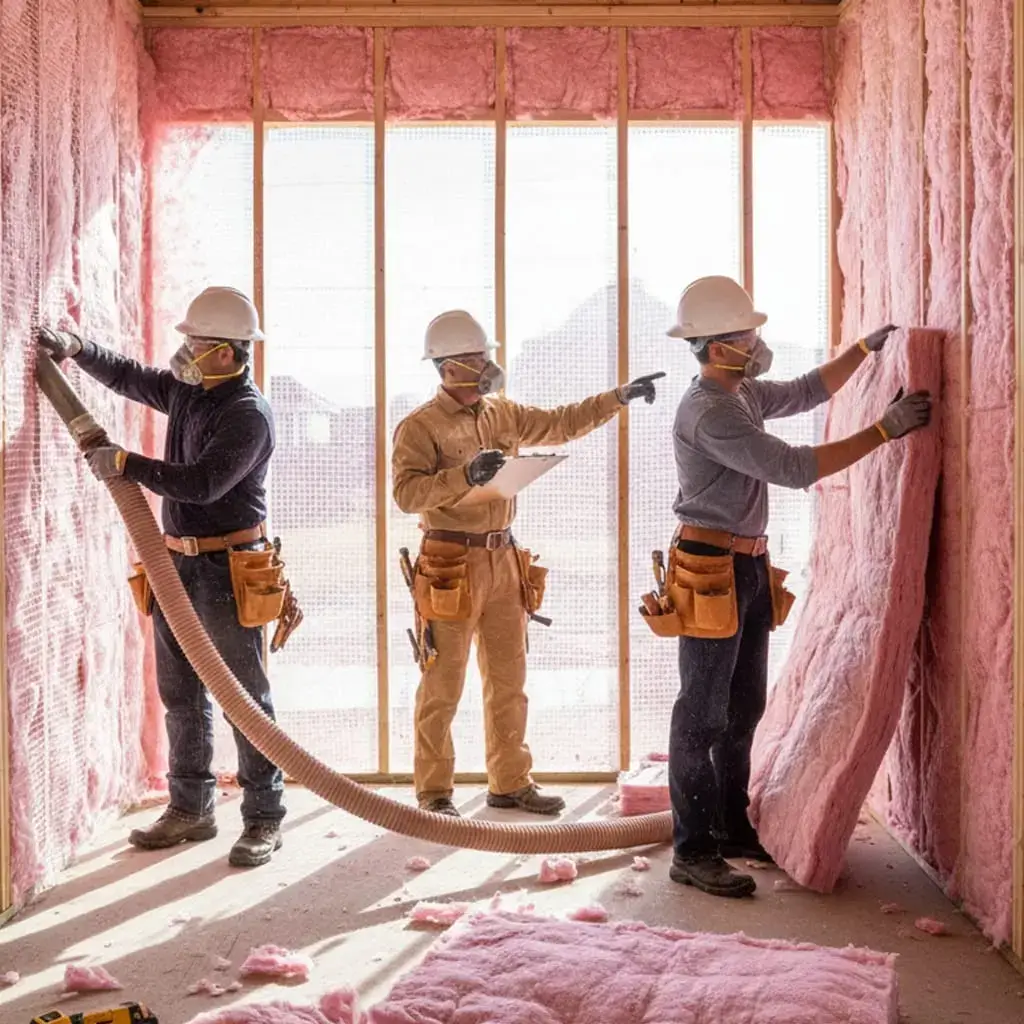 Insulation contractors installing pink fiberglass wall insulation during a BPI certified home insulation project by Level Up Insulation Co. in the Denver, Colorado metro area.