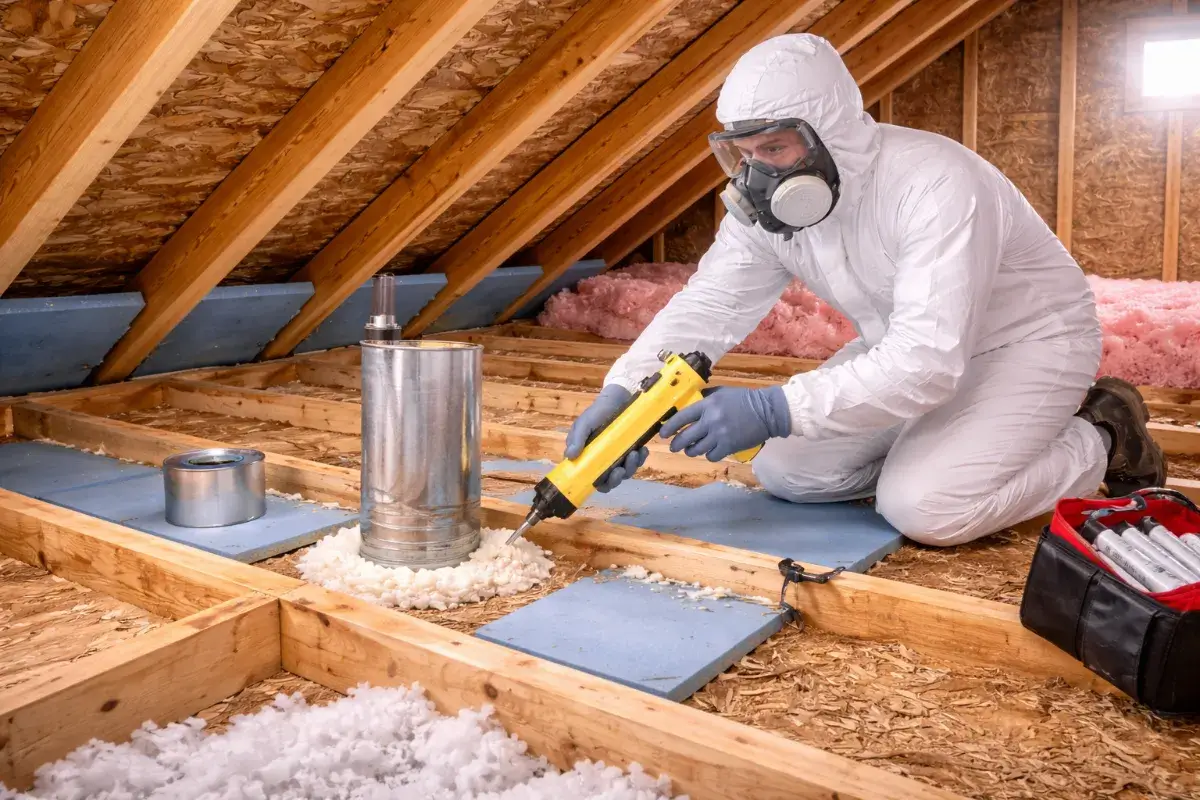 BPI certified attic air sealing by Level Up Insulation Co. in Denver with expanding foam on top plates and penetrations for Xcel Energy rebate qualification