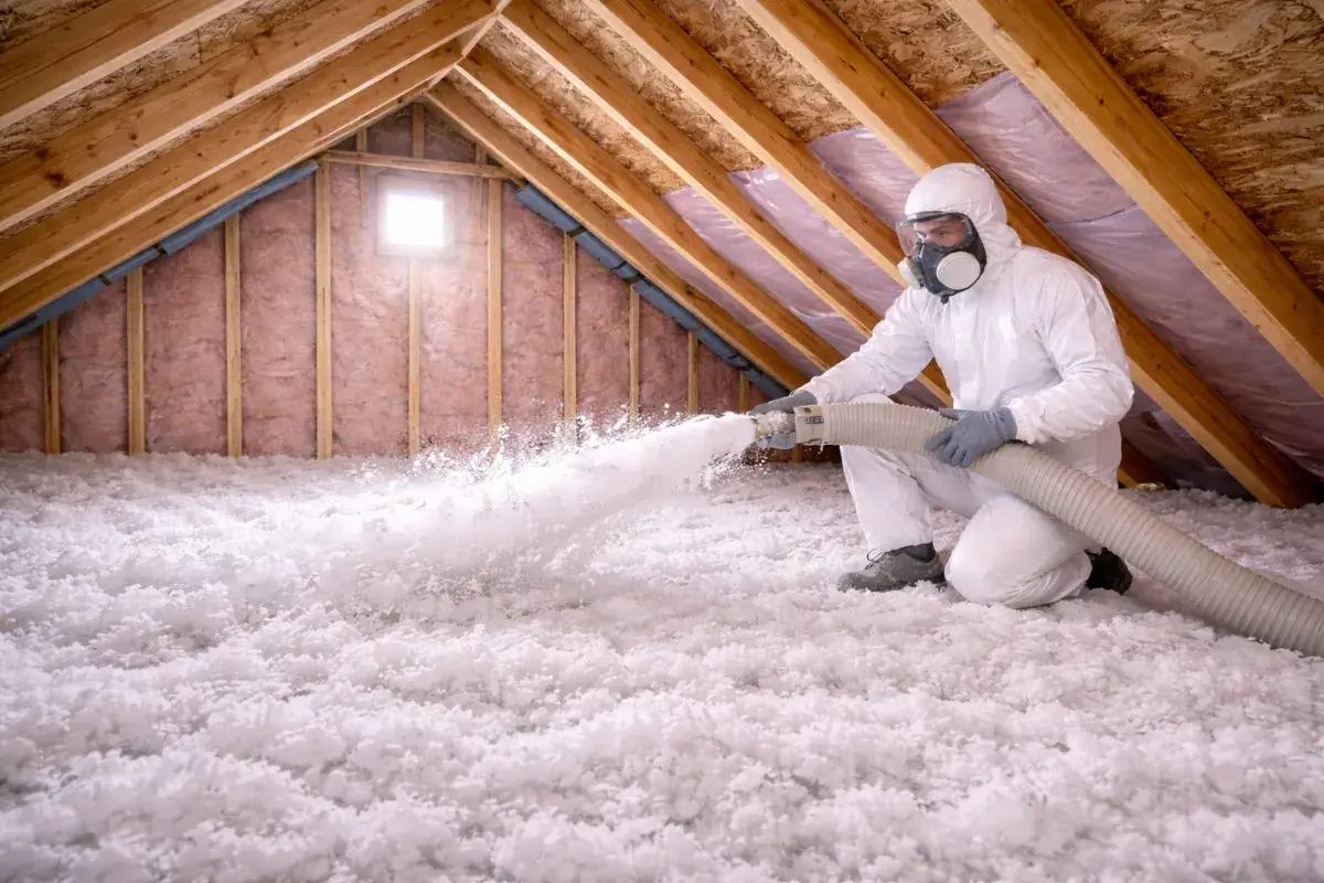 Attic insulation top off by Level Up Insulation Co. in Denver adding blown in cellulose over existing material to reach R-49 to R-60 coverage depth