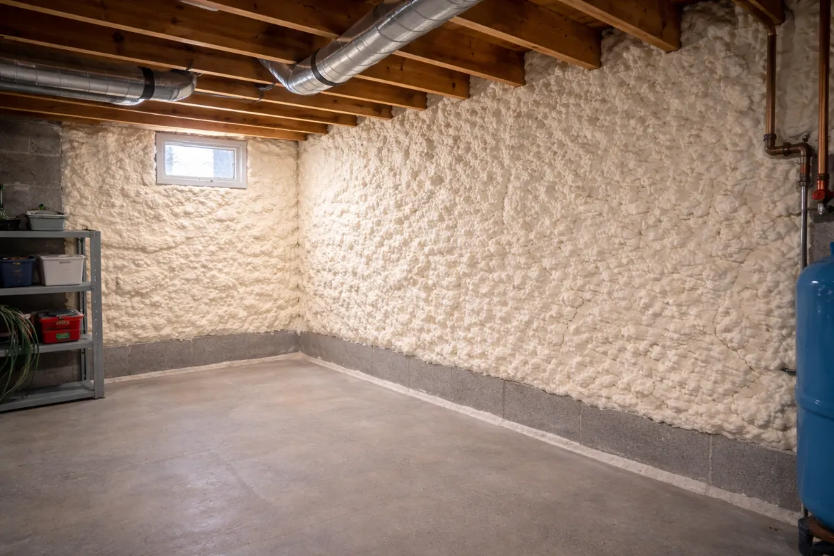 Basement wall spray foam by Level Up Insulation Co. in a Denver home providing R-15 thermal insulation with integrated moisture vapor barrier