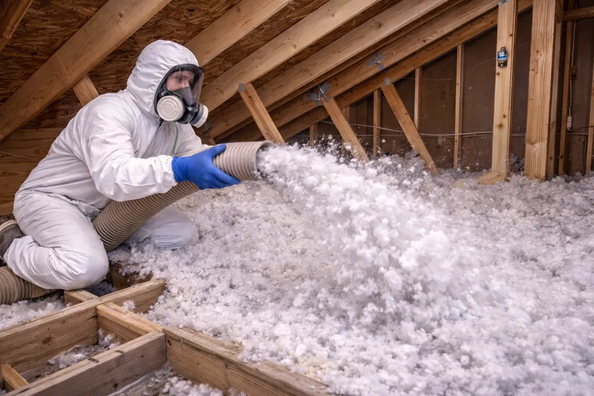 Blown in attic insulation by Level Up Insulation Co. in a Denver home with uniform cellulose coverage and proper baffle placement at the eaves
