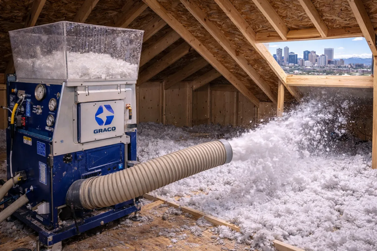 Blown in cellulose at R-49 to R-60 depth by Level Up Insulation Co. in a Denver, Colorado attic with depth markers verifying Zone 5B compliance