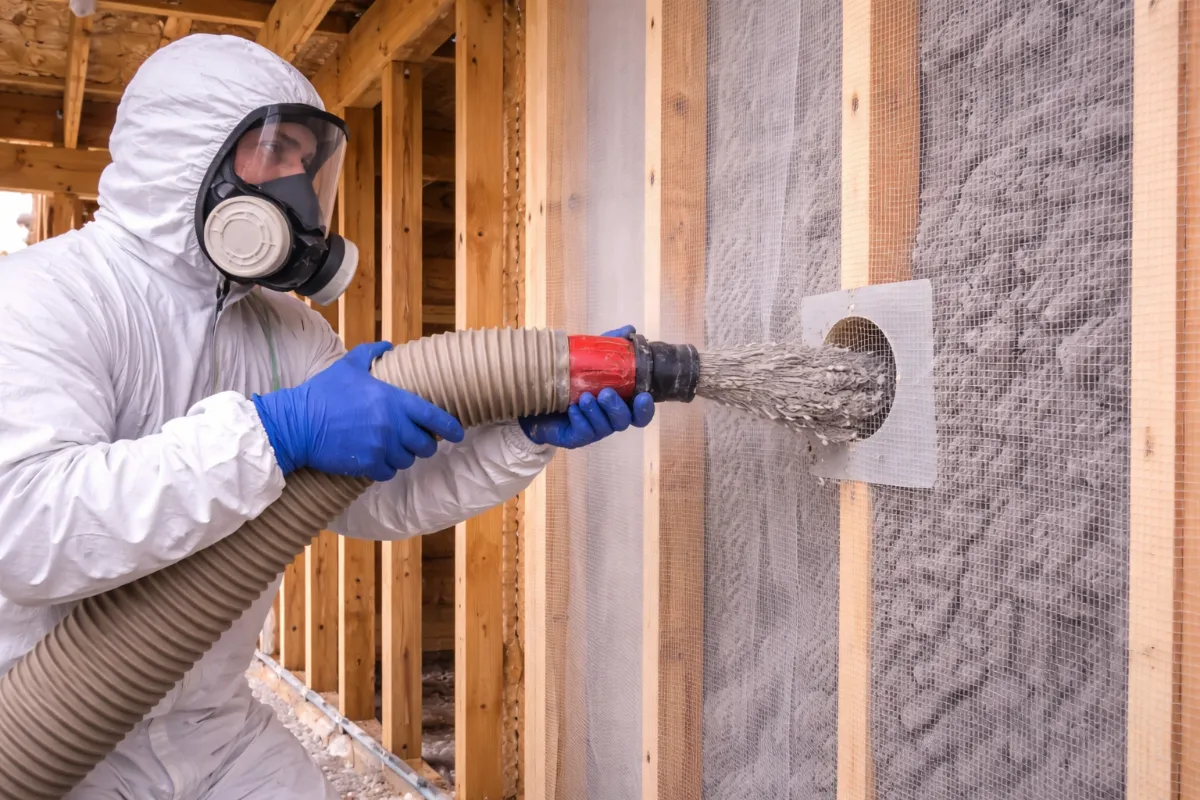 Dense pack wall insulation by Level Up Insulation Co. in a Denver home blown through small access holes for R-13 to R-15 retrofit without drywall removal