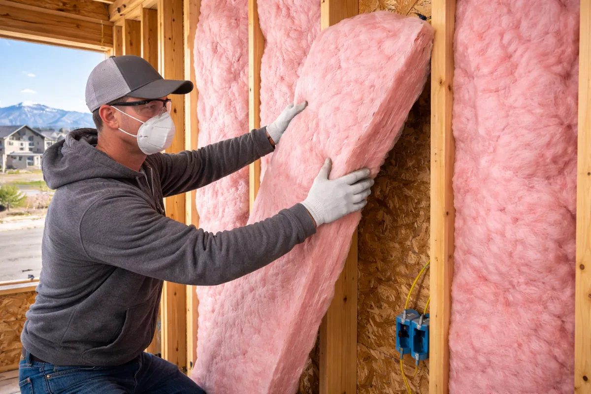 Exterior wall batt insulation by Level Up Insulation Co. in Denver with R-21 fiberglass in 2x6 framing for Zone 5B code compliance