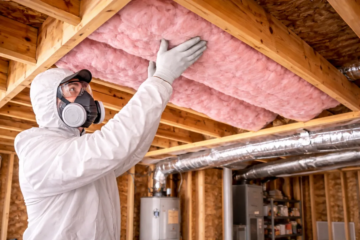 Floor joist batt insulation by Level Up Insulation Co. in a Denver crawl space with R-30 fiberglass secured between joists to eliminate cold floors