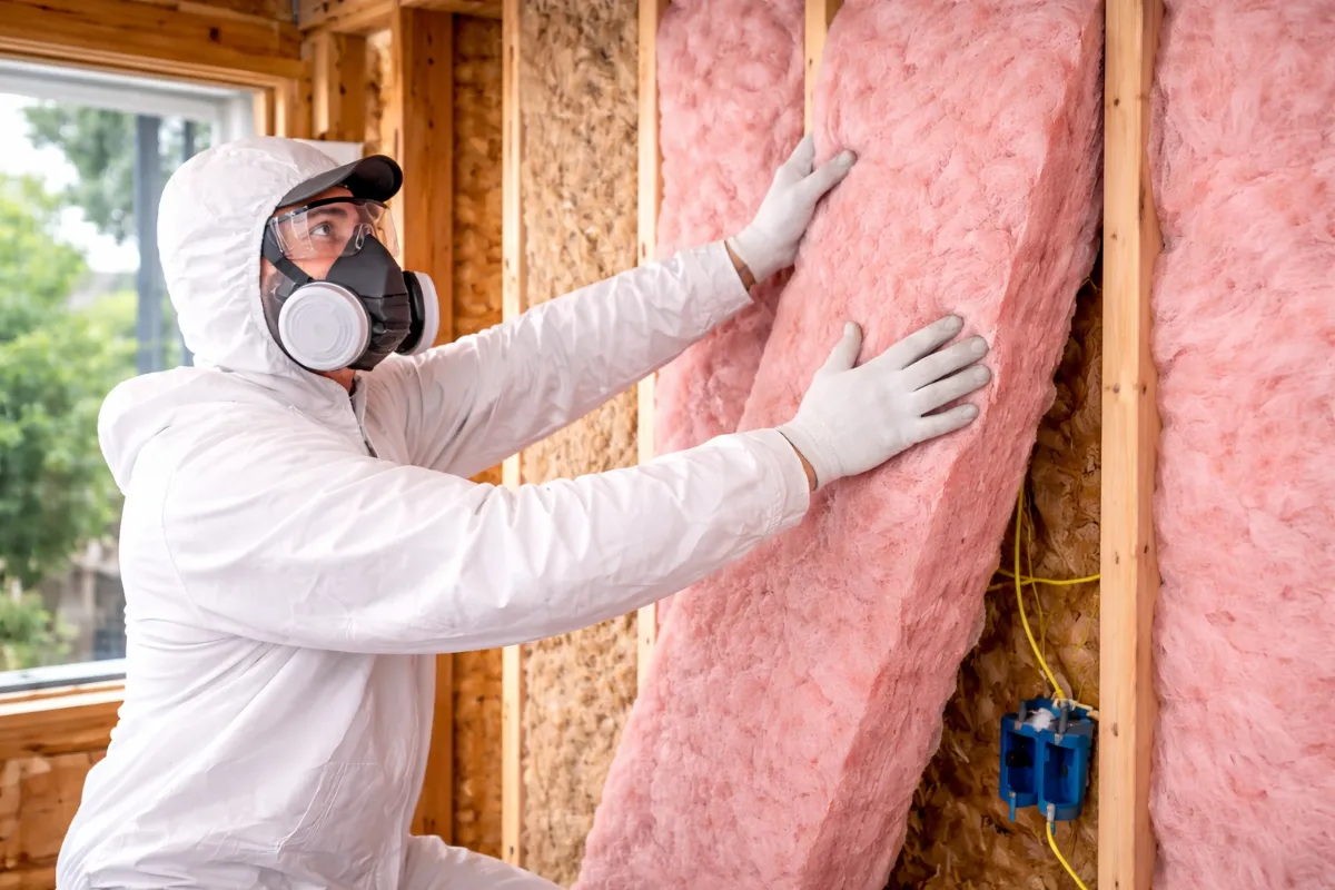 Renovation batt insulation by Level Up Insulation Co. in a Denver home with R-21 fiberglass fitted into open 2x6 wall cavities during remodel