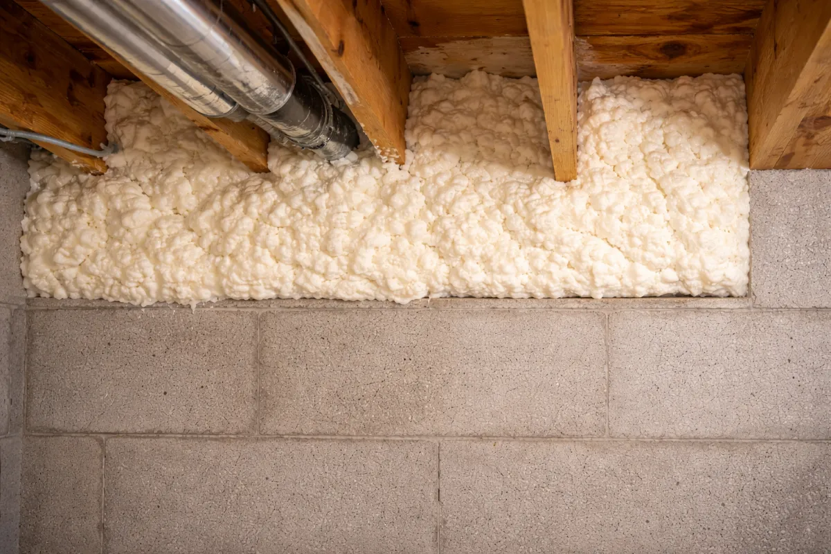 Spray foam air sealing on rim joists and band boards by Level Up Insulation Co. in a Denver basement eliminating a critical heat loss point