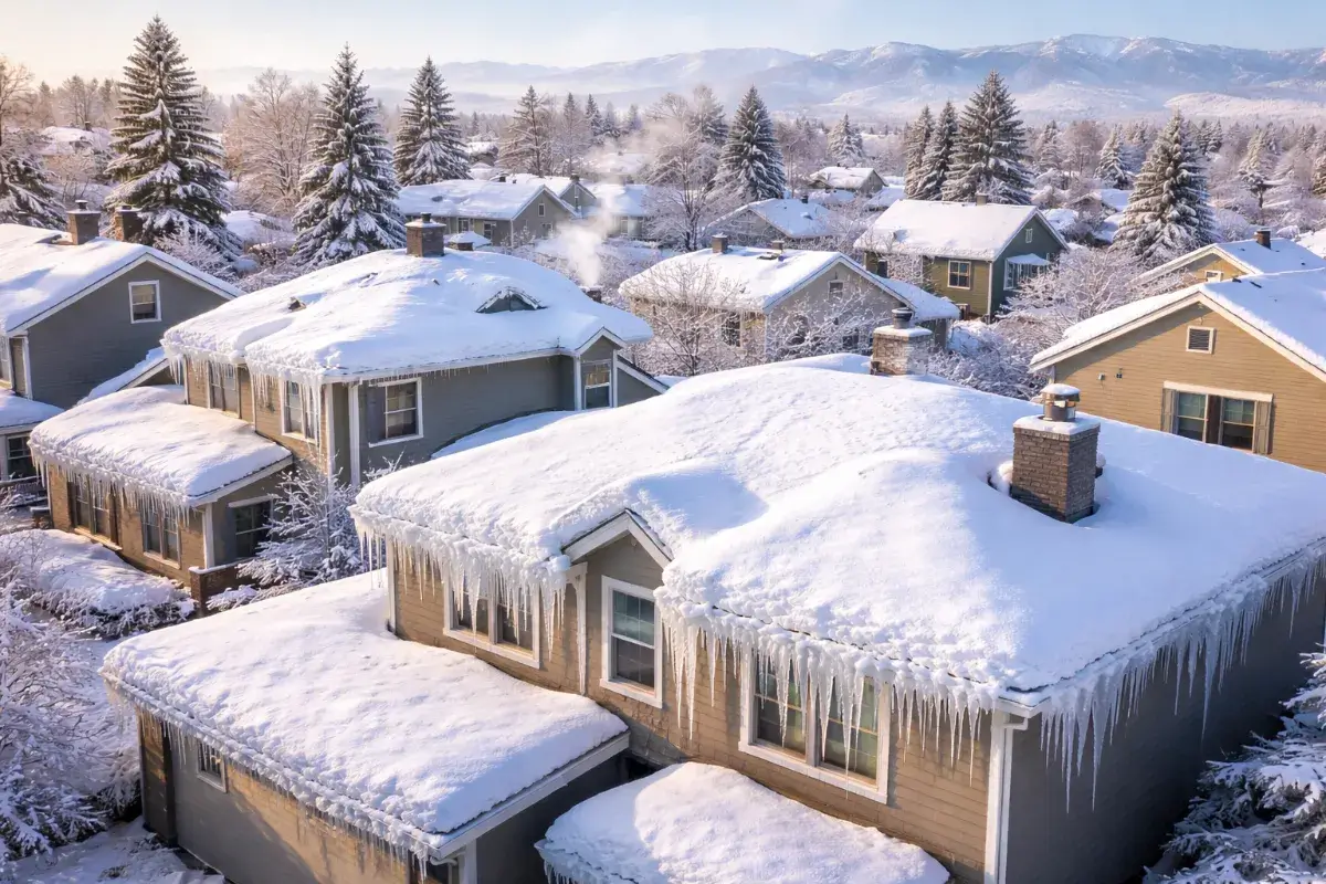 Snow-covered Denver neighborhood homes with icicles and mountain backdrop illustrating why proper attic insulation (R-49 to R-60) is important for energy efficiency in Denver, Colorado.