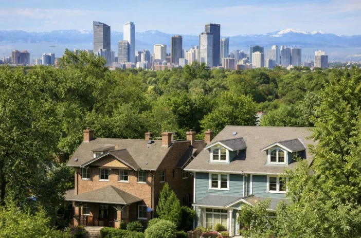 Denver skyline with residential homes and green neighborhoods in the foreground representing Level Up Insulation Co., a BPI certified insulation contractor serving Denver and the Colorado Front Range.